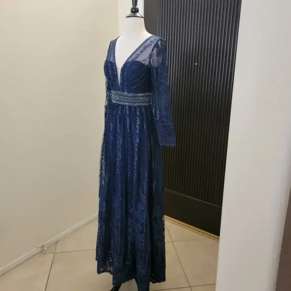 Mac Duggal 66591 Navy Blue 2 Long Sleeve Formal Embroidered Maxi Gown Dress - Picture 4 of 15